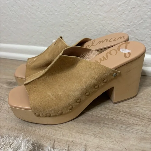 New Sam Edelman Josselyn Tan Suede Platform Wooden Mules Clogs Size 10.5 - Picture 4 of 7